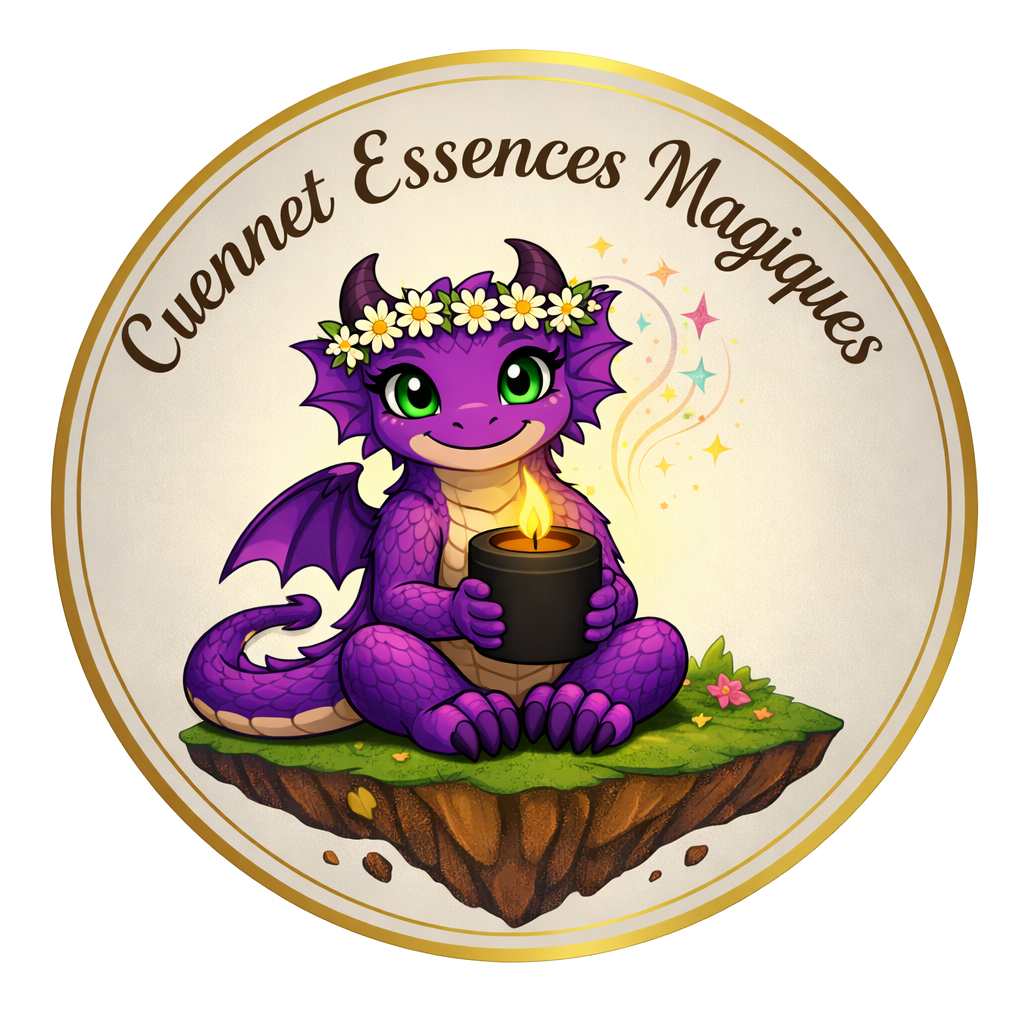 Logo Cuennet Essences Magiques — dragonne Brumi avec une bougie